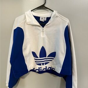 Adidas White and Blue Cropped Hoodie